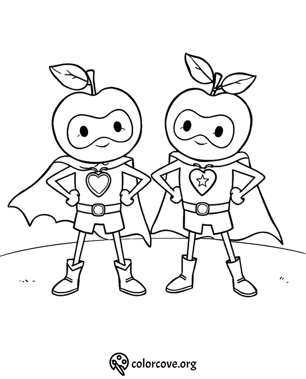 Superhero apple characters coloring page for kids with capes and boots. Fun and creative activity.