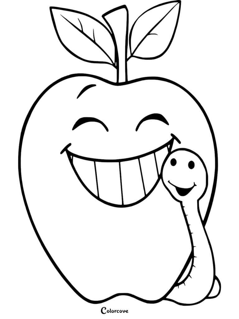 A happy smiling apple with a friendly worm beside it in this free printable fruit coloring page.