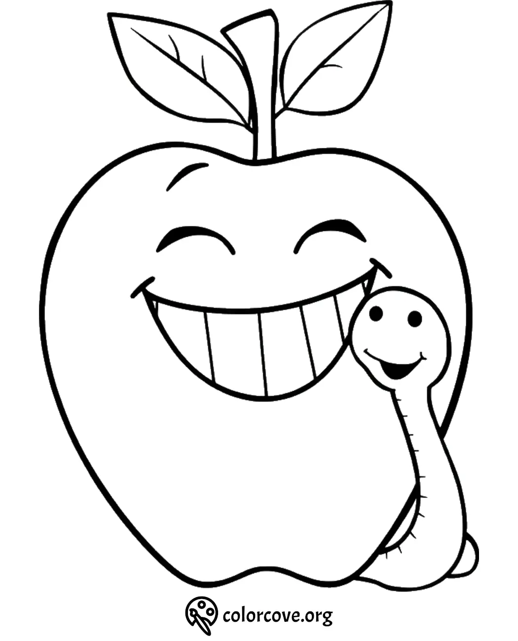 Smiling apple with happy worm coloring page for kids. Fun fruit-themed activity sheet for creative coloring.