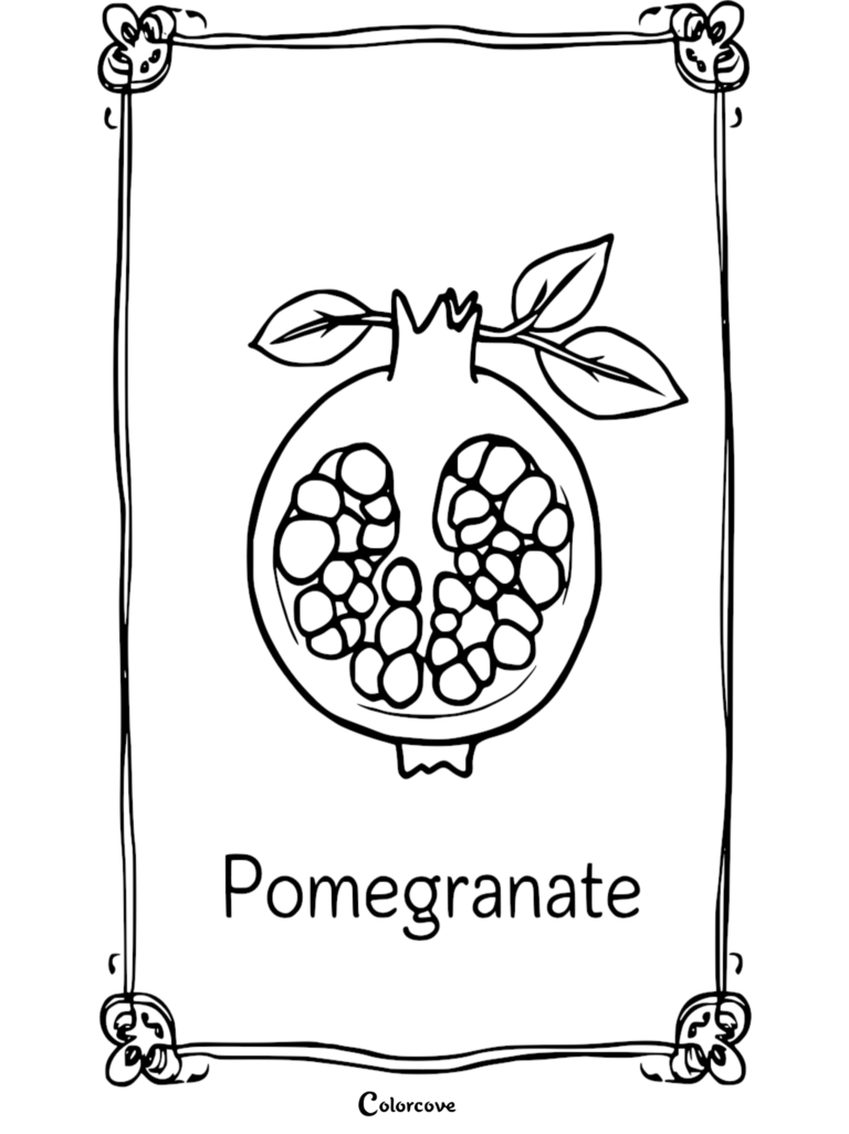 A simple line art coloring page featuring a halved pomegranate with visible seeds and leaves inside a decorative rectangular frame.