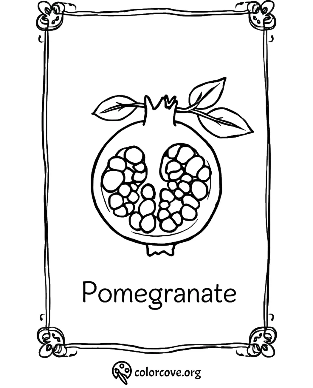 Pomegranate coloring page with a detailed fruit illustration and decorative border for kids and adults.