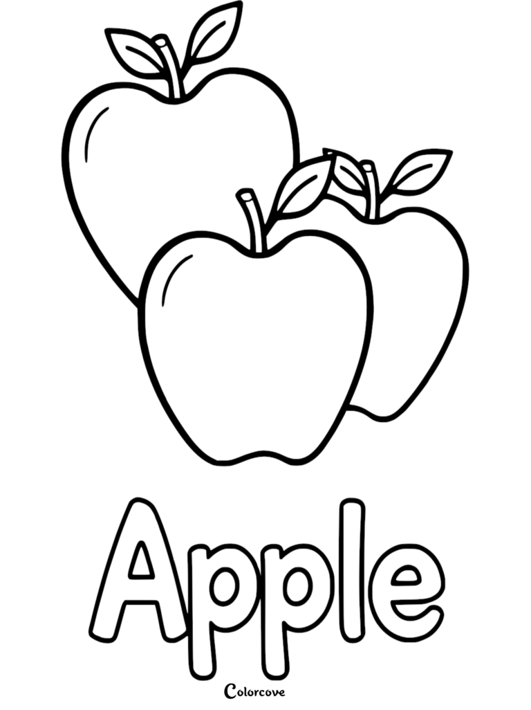 A simple coloring page featuring three cute apples with leaves and the word Apple written below.