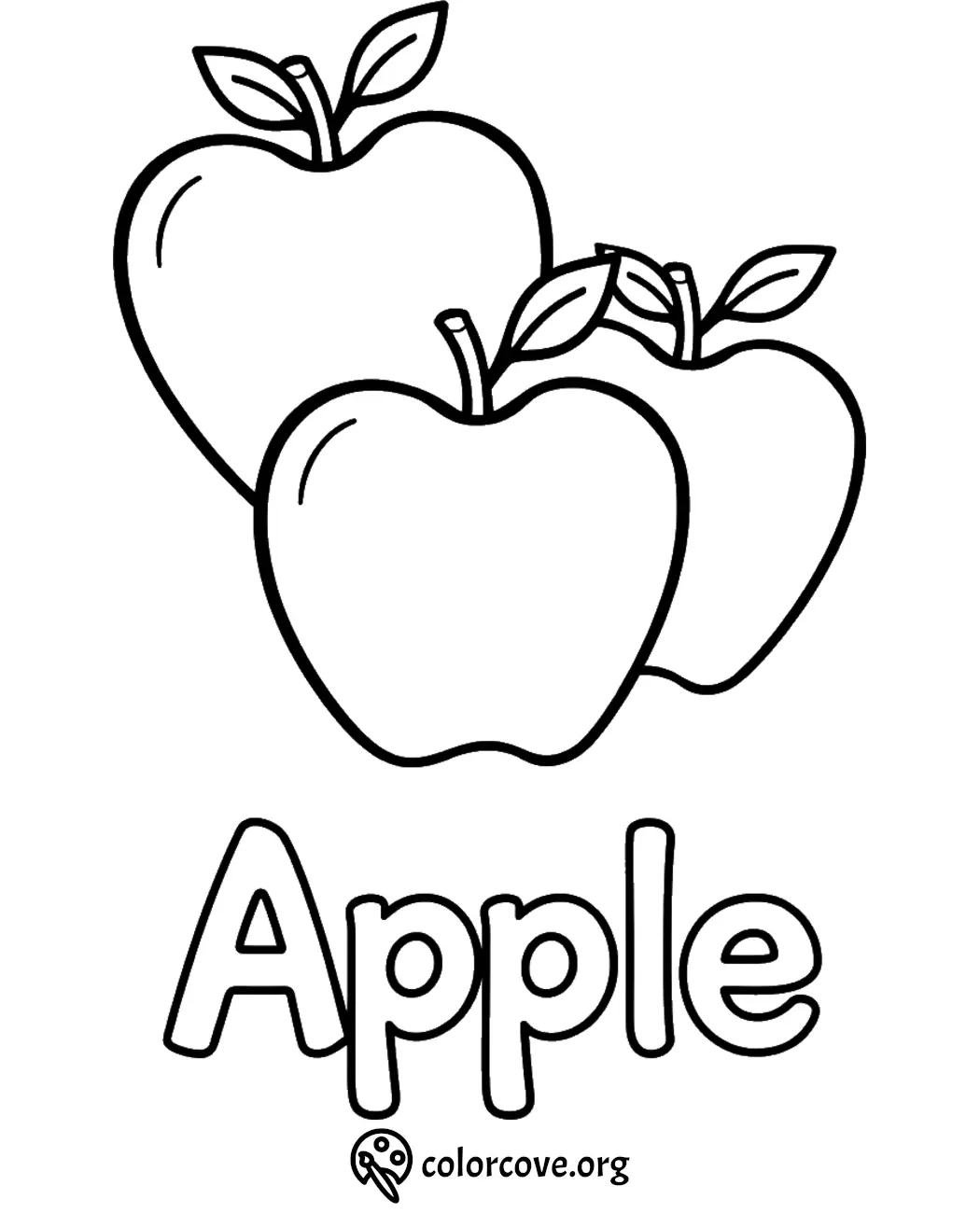 Coloring page with three outlined apples and the word Apple below them, ready to be colored.