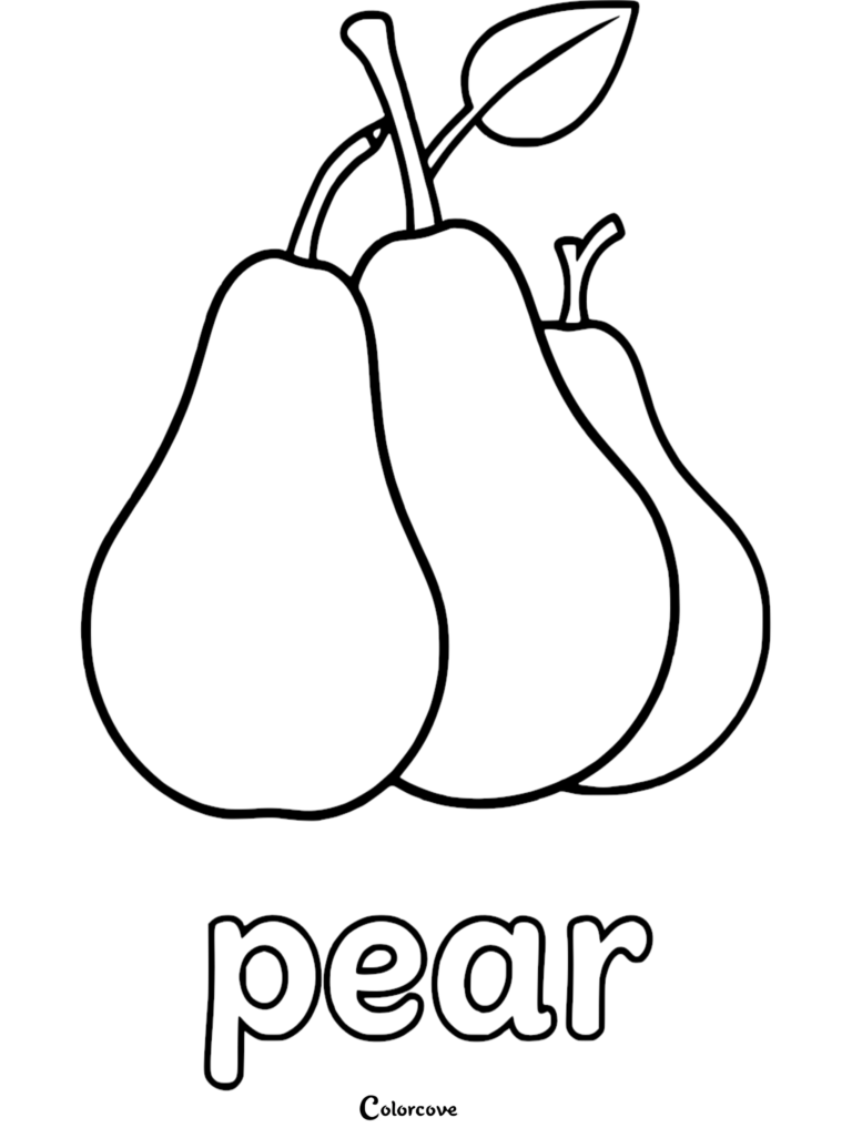 Three fresh pears with stems and a leaf on a printable coloring page with the word pear written below.