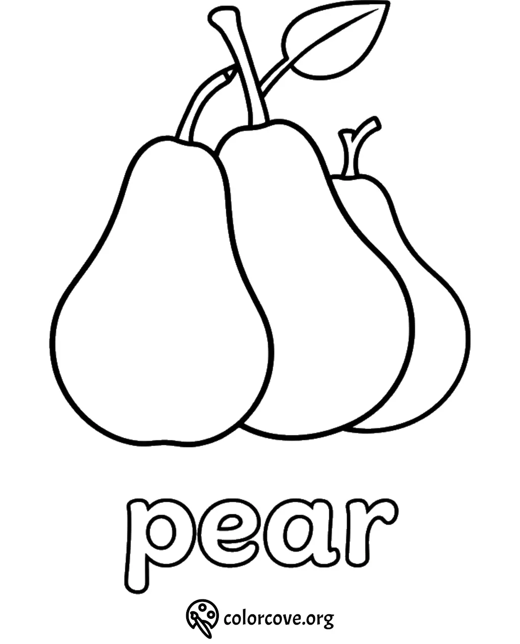 Coloring page with three outlined pears and the word pear below. Perfect for kids' fruit-themed coloring activities.