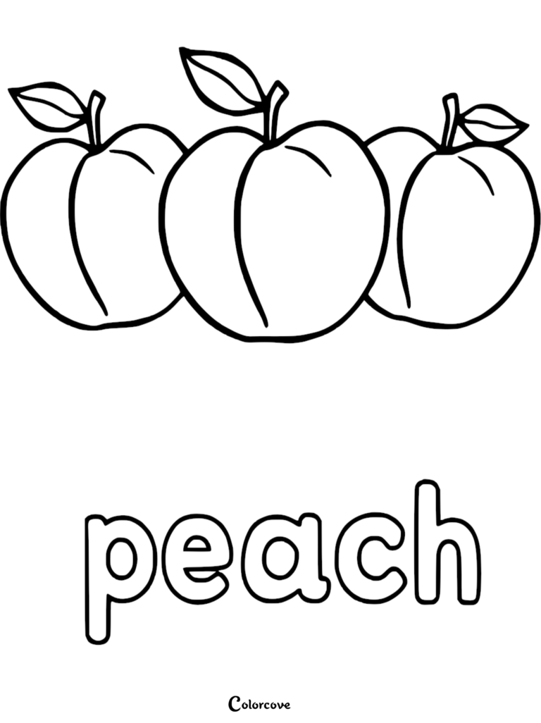 A simple printable coloring page featuring three peaches with leaves and the word 'peach' in bubble letters for kids to color.