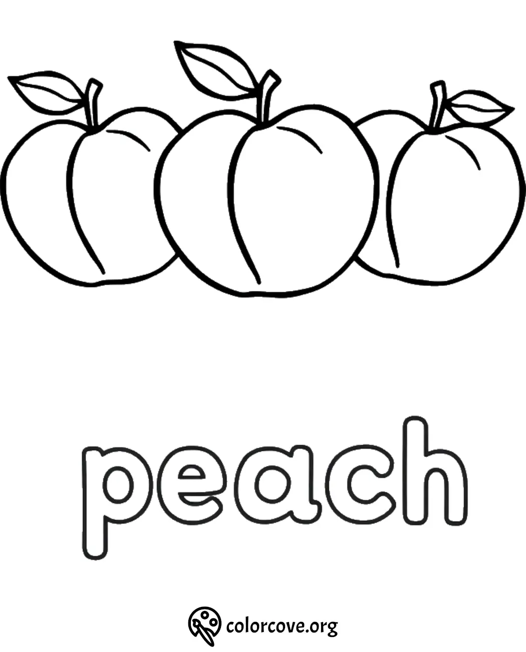 Coloring page with three outlined peaches and the word peach beneath. Perfect for kids' fruit-themed activities.