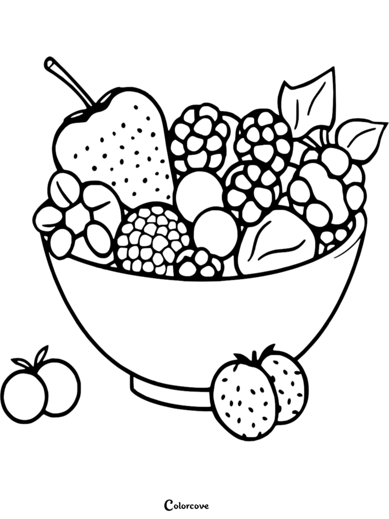 A bowl filled with assorted berries and fruit, including strawberries, blackberries, and raspberries, presented as a free printable coloring page.