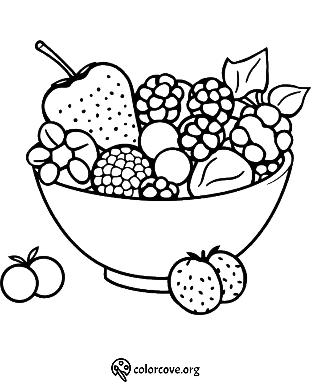 Coloring page featuring a bowl of assorted fruits, including apples and berries, ideal for kids' coloring activities.