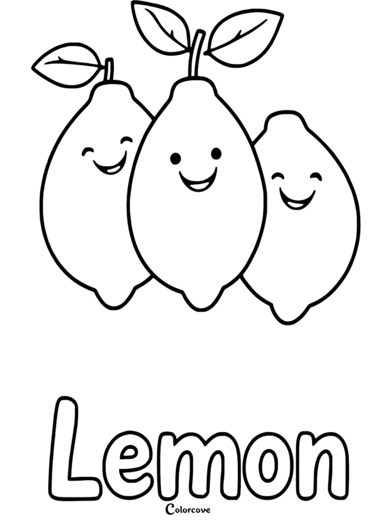 Three happy smiling lemons with leaves on a printable coloring page