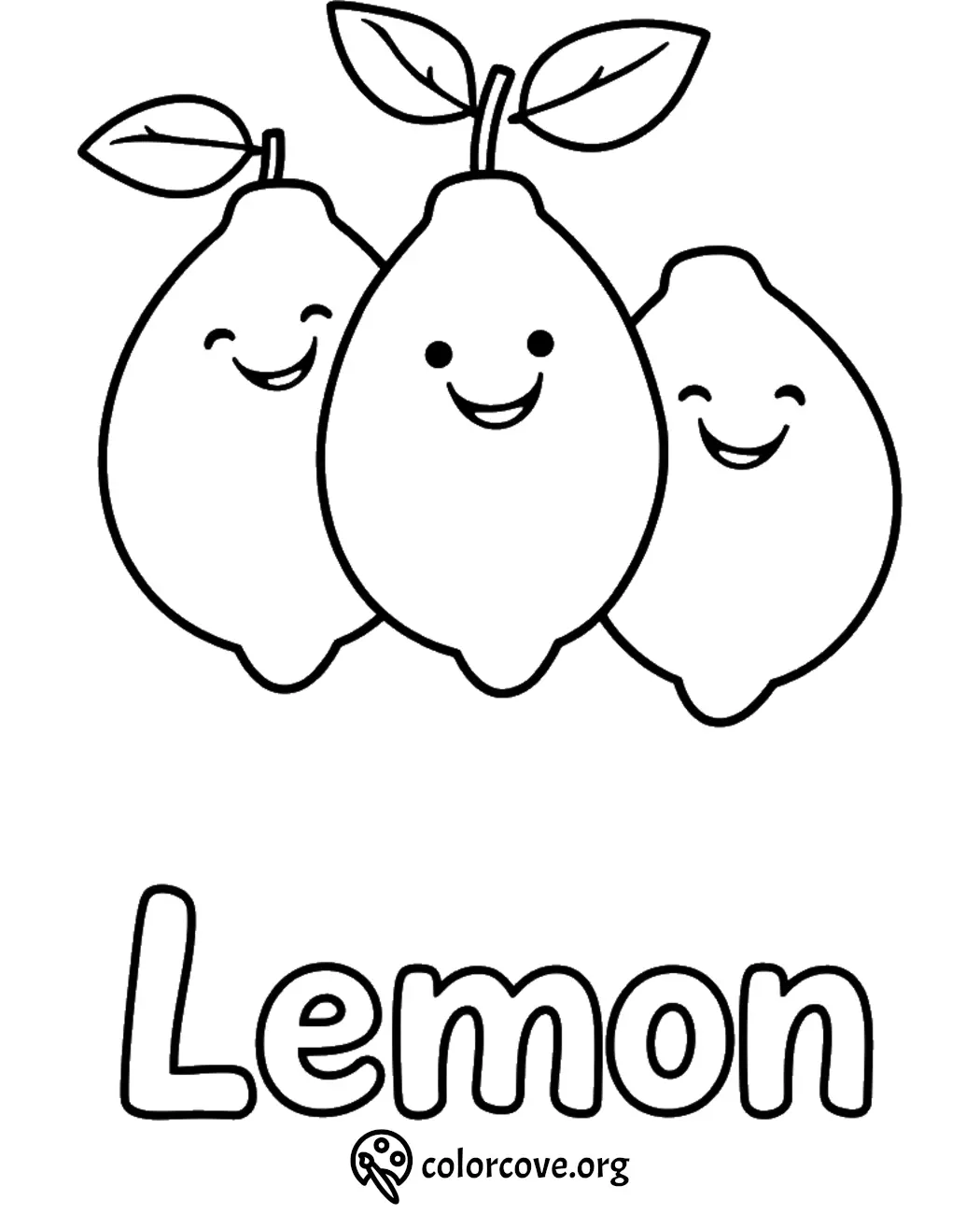 Smiling lemons coloring page with outlined text Lemon for kids. Fun fruit-themed activity sheet.