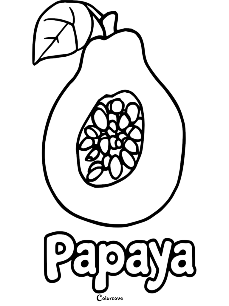 A simple line art coloring page of a halved papaya with visible seeds and a leaf, labeled with the word Papaya.