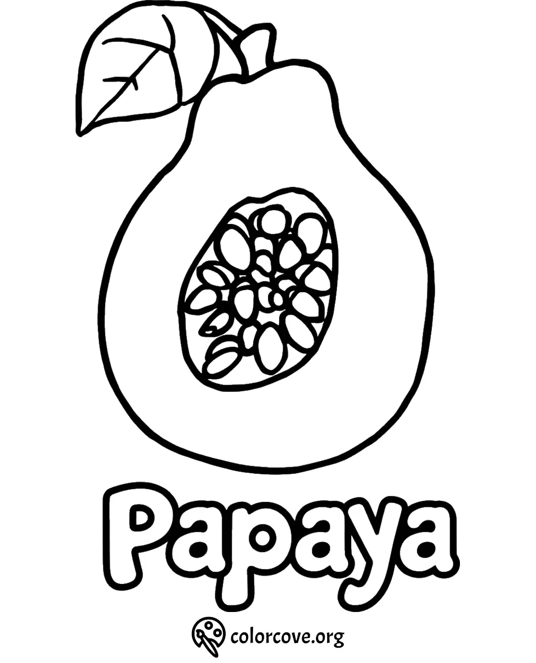 Papaya coloring page with outlined papaya fruit and leaf design for kids and adults to color.