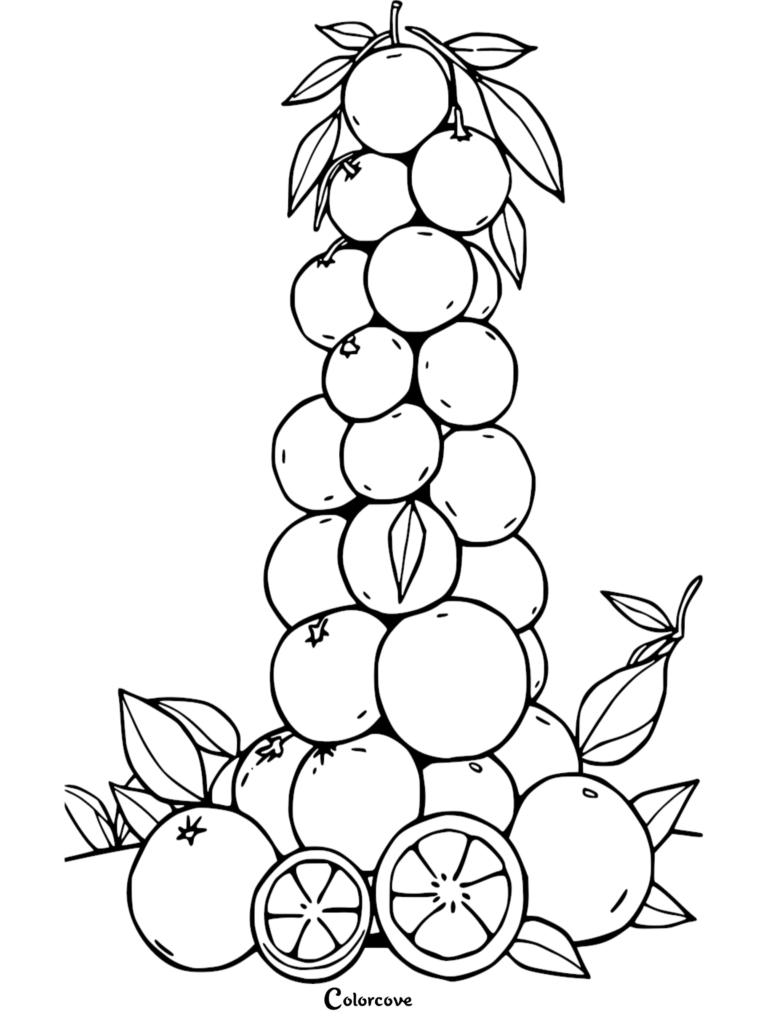 A tall, artistic stack of fresh oranges with leaves, featuring a halved orange at the base in this fruit coloring page.