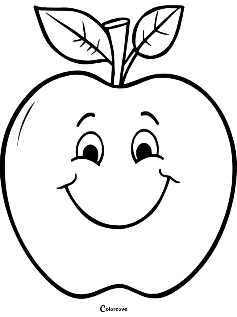 A simple black and white coloring page of a happy apple with a big smile and two leaves on top.
