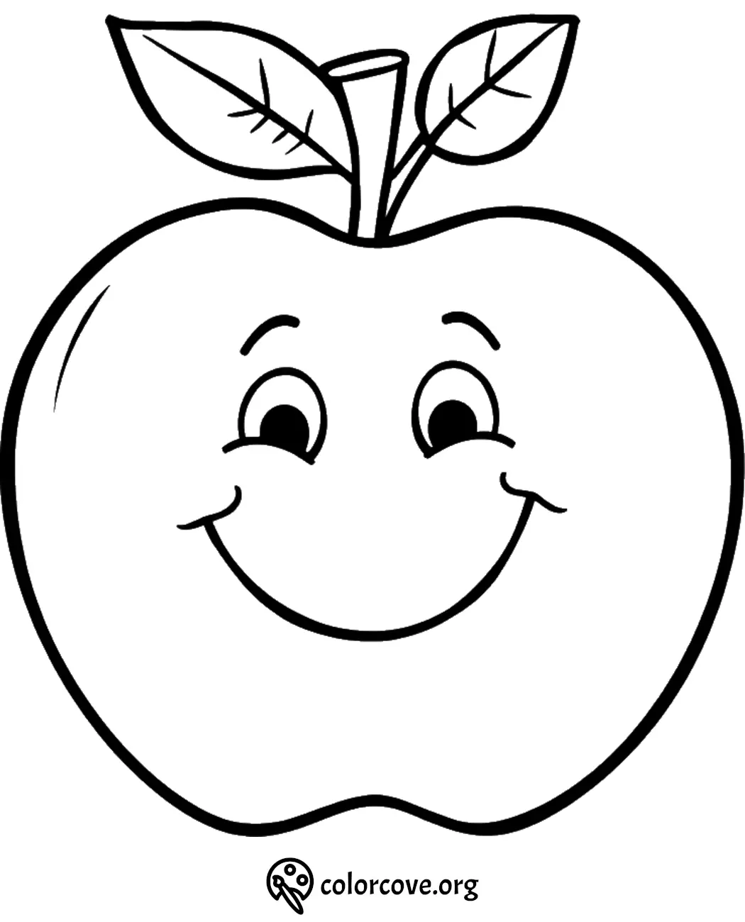 Smiling apple coloring page for kids with leaves. Fun educational activity. Free printable.