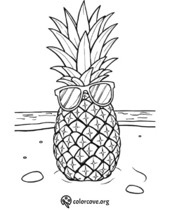 Pineapple with sunglasses coloring page on beach, fun summer printable for kids and adults.