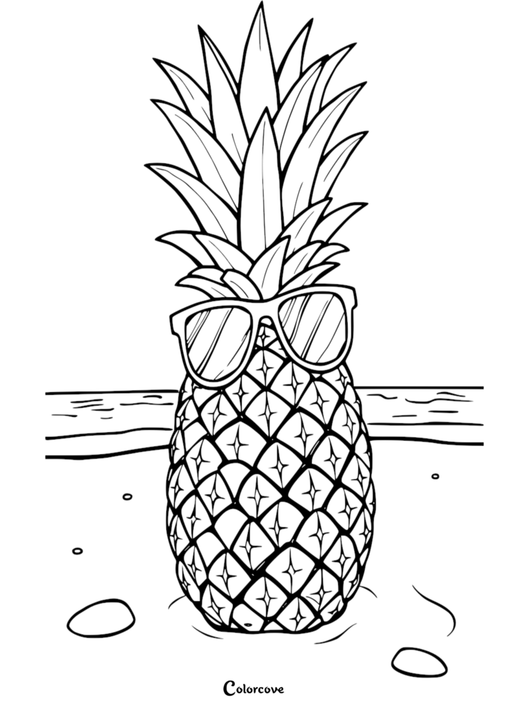 A cute pineapple wearing sunglasses on a beach, printable fruit coloring page.