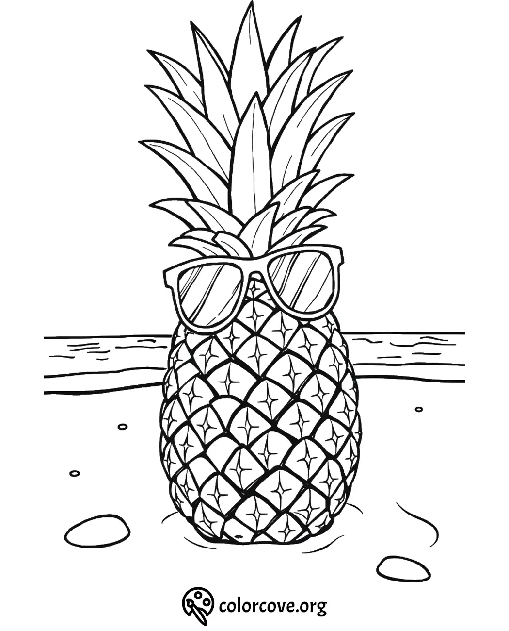 Pineapple with sunglasses coloring page on beach, fun summer printable for kids and adults.