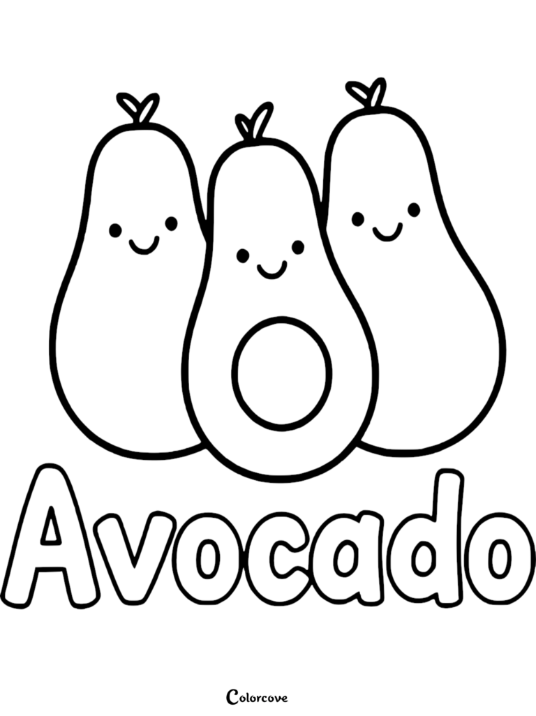 Three smiling cartoon avocados with a large central pit on a printable coloring page.