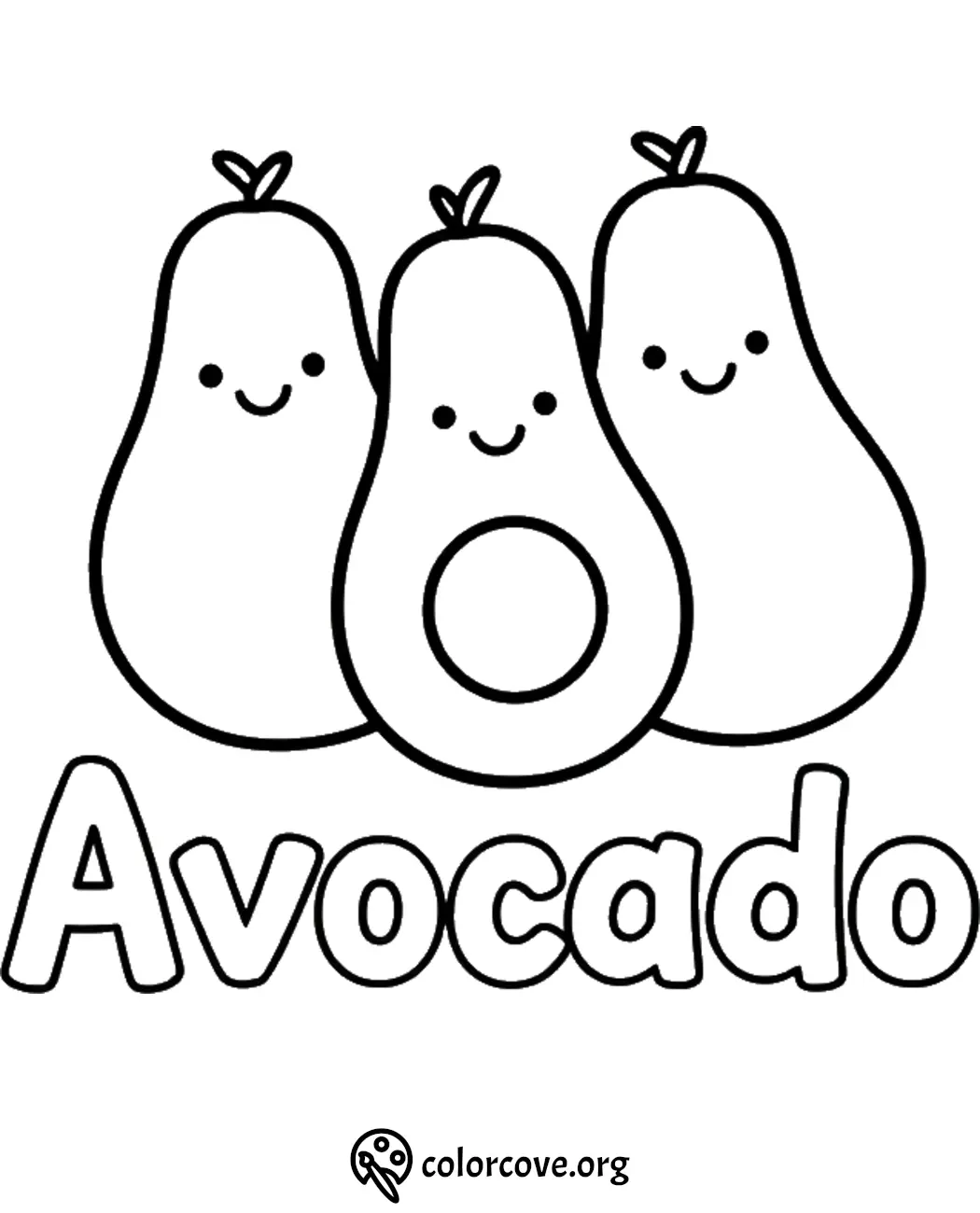 Cute kawaii avocados coloring page for kids, featuring smiling faces and bold Avocado text.