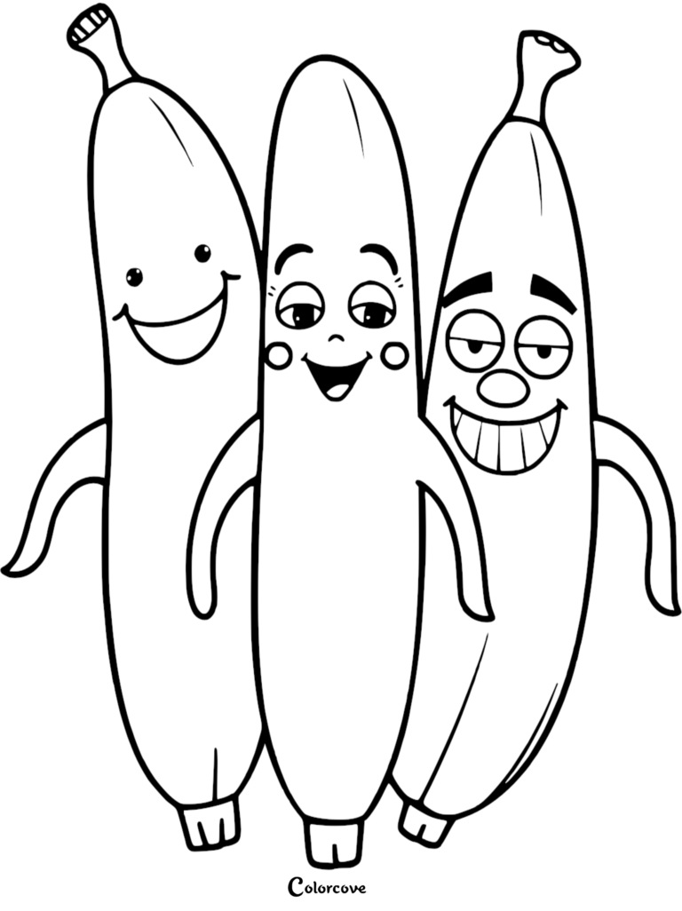 A trio of cute cartoon banana characters with happy smiling faces for kids to color and print.