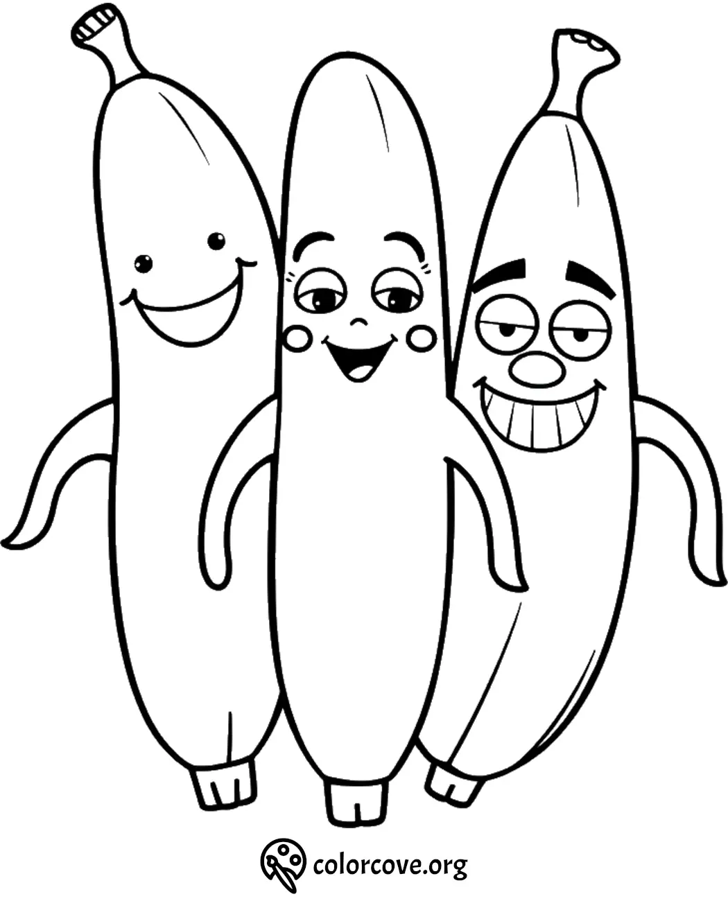 Three smiling cartoon bananas coloring page for kids, featuring fun expressions and playful poses.