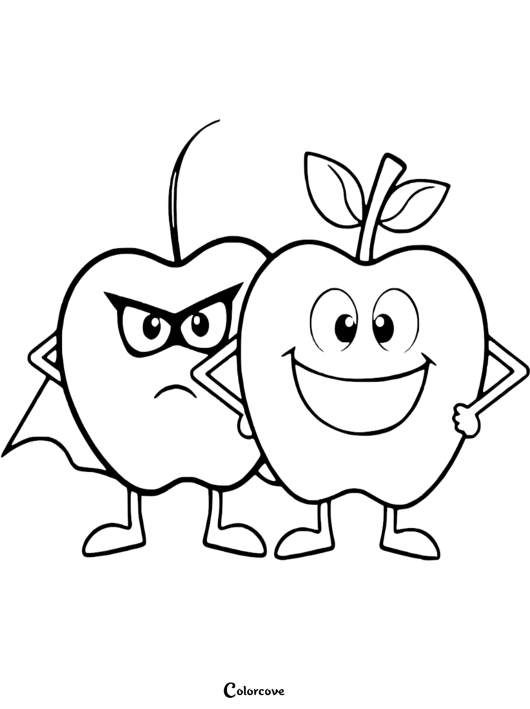 A cute fruit coloring page featuring a superhero apple with a mask and cape standing next to a happy smiling apple.