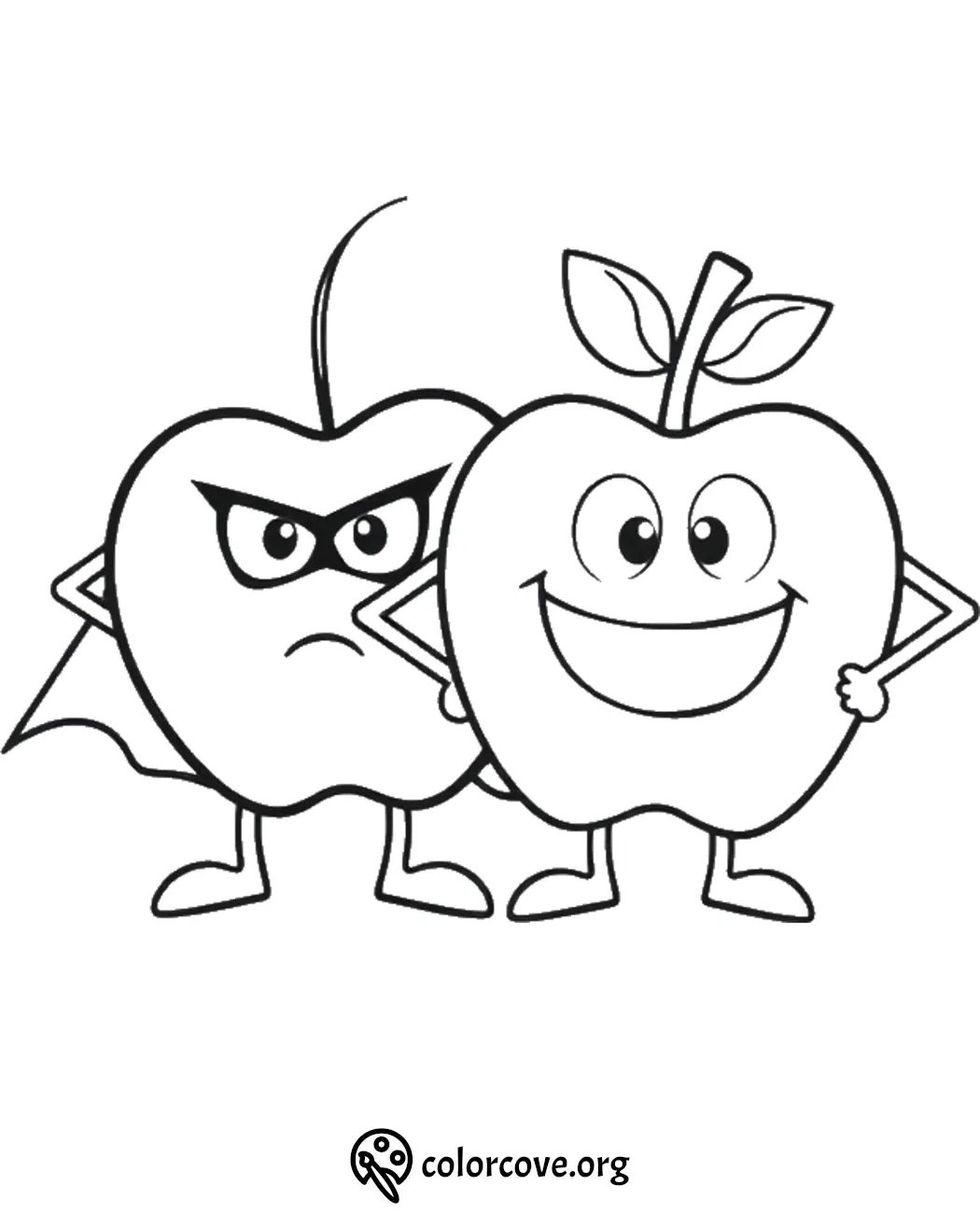 Two cartoon apples on a coloring page: one smiling hero apple, one frowning apple in a cape. Ideal for kids' activities.