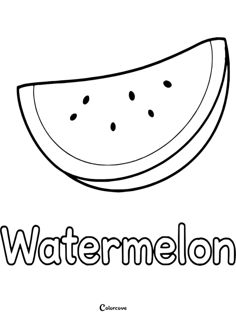A simple watermelon slice coloring page with seeds and the word Watermelon written below.