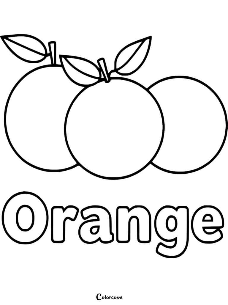 A printable coloring page featuring three cute oranges with leaves and the word Orange written below.