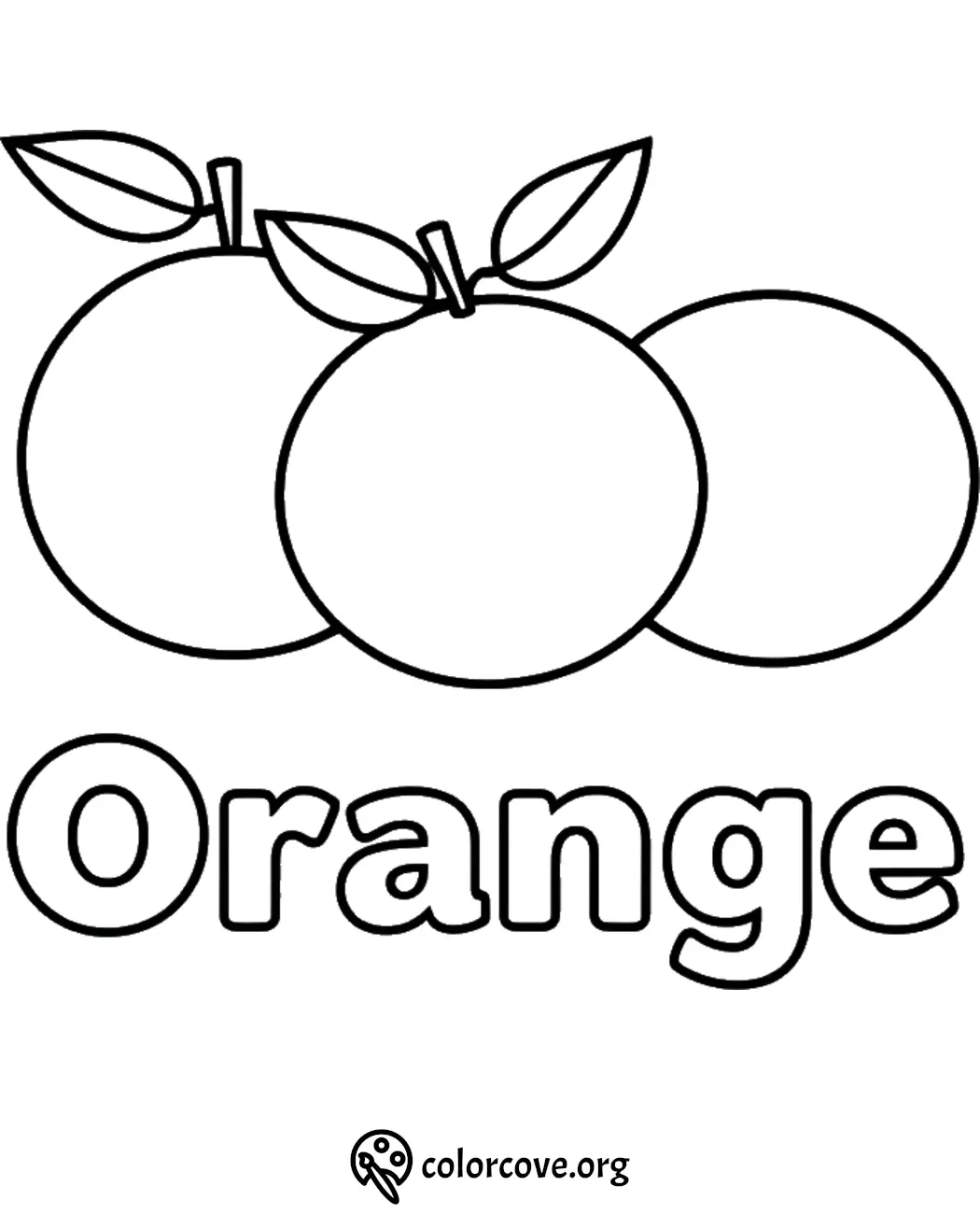 Coloring page with outline of three oranges and the word Orange below. Perfect for kids' fruit theme coloring activity.