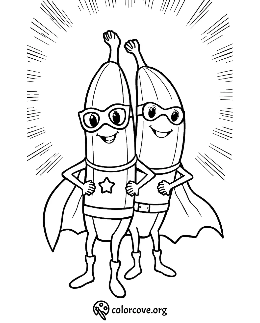 Superhero bananas coloring page for kids, featuring two caped bananas with smiles and masks. Fun printable activity.