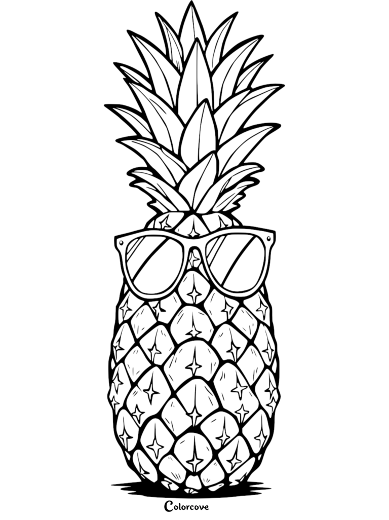 A printable fruit coloring page featuring a cool pineapple wearing stylish sunglasses with detailed leaves and textured skin.