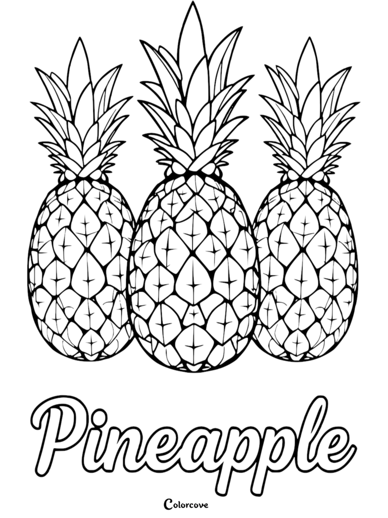 Three detailed pineapples with leafy tops on a printable coloring page with the word Pineapple written below.