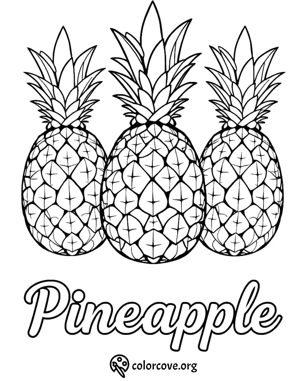 Coloring page featuring three detailed pineapples with Pineapple text below. Perfect for tropical-themed art.