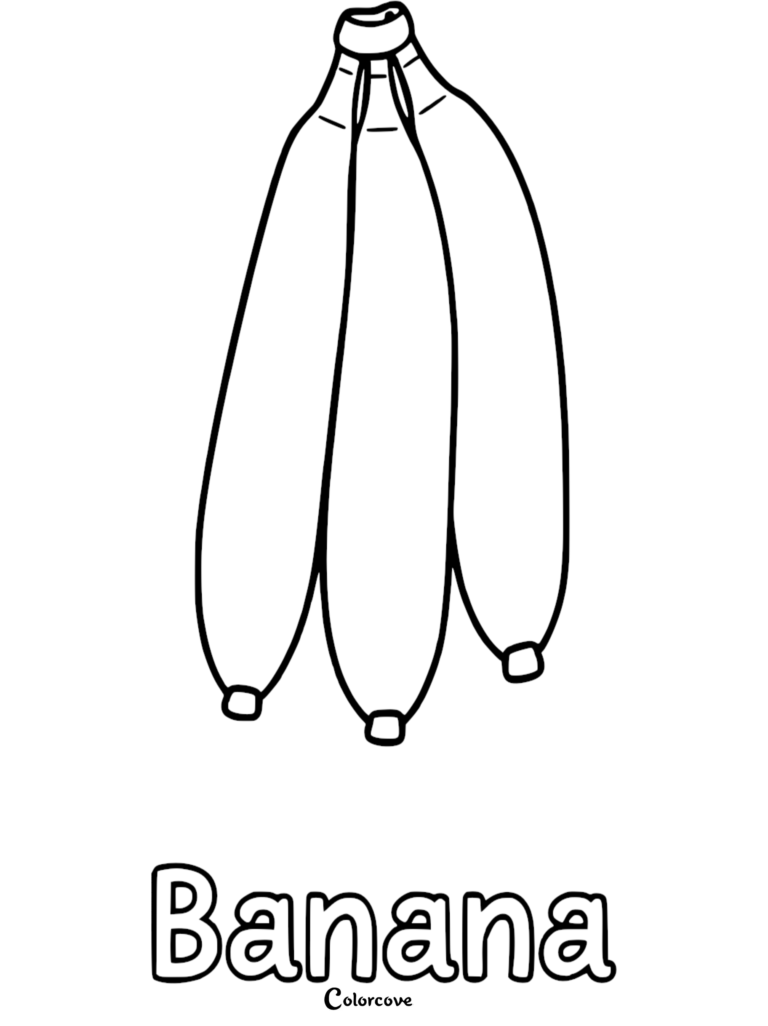 A simple coloring page featuring a bunch of three bananas with the word Banana written below in bold letters.