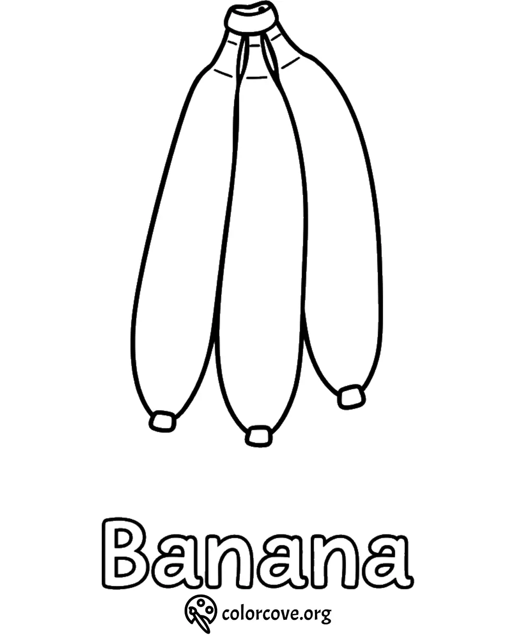 Coloring page featuring a bunch of bananas and the word Banana for children to color.