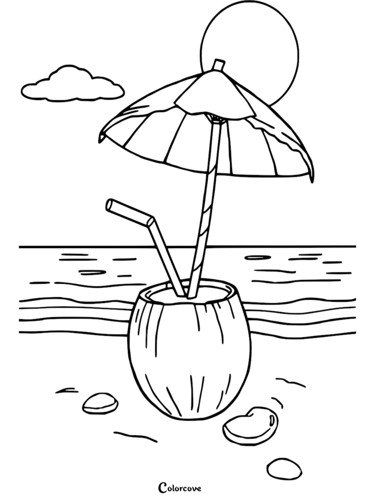 A cute coconut drink with a straw and umbrella on a beach, featured in this free printable fruit coloring page.