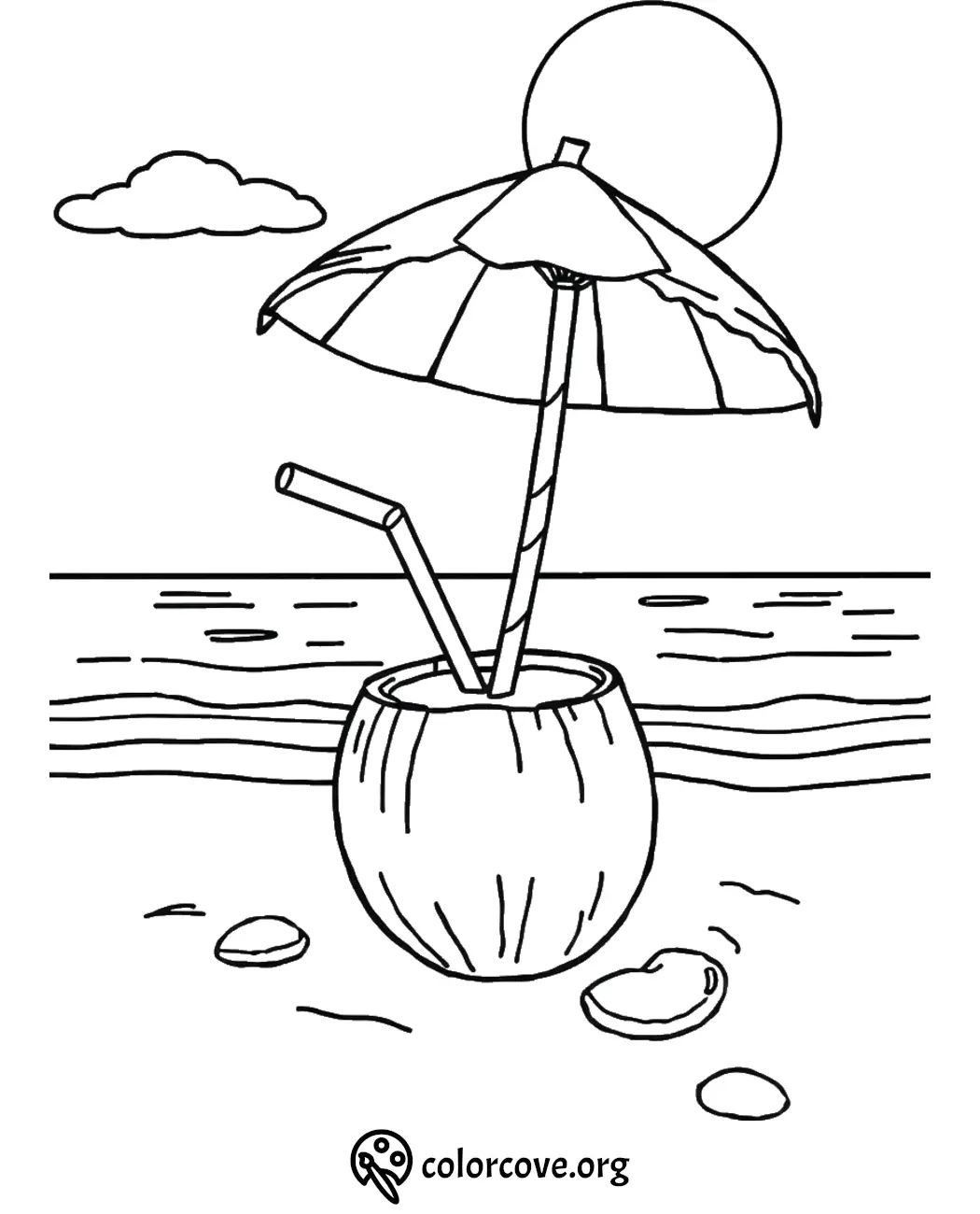 Coloring page of a tropical beach scene with coconut drink, umbrella, sun, and waves. Perfect for summer fun activities.