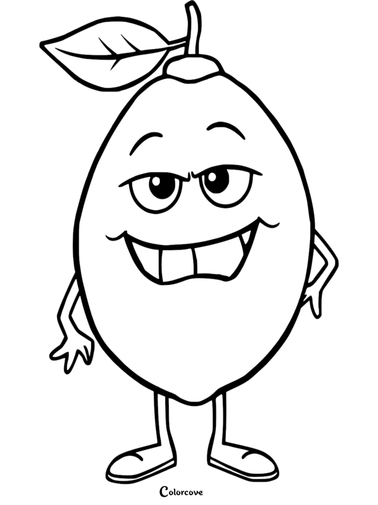 A silly cartoon lemon character coloring page with a funny face, arms, and legs for kids to print and color.
