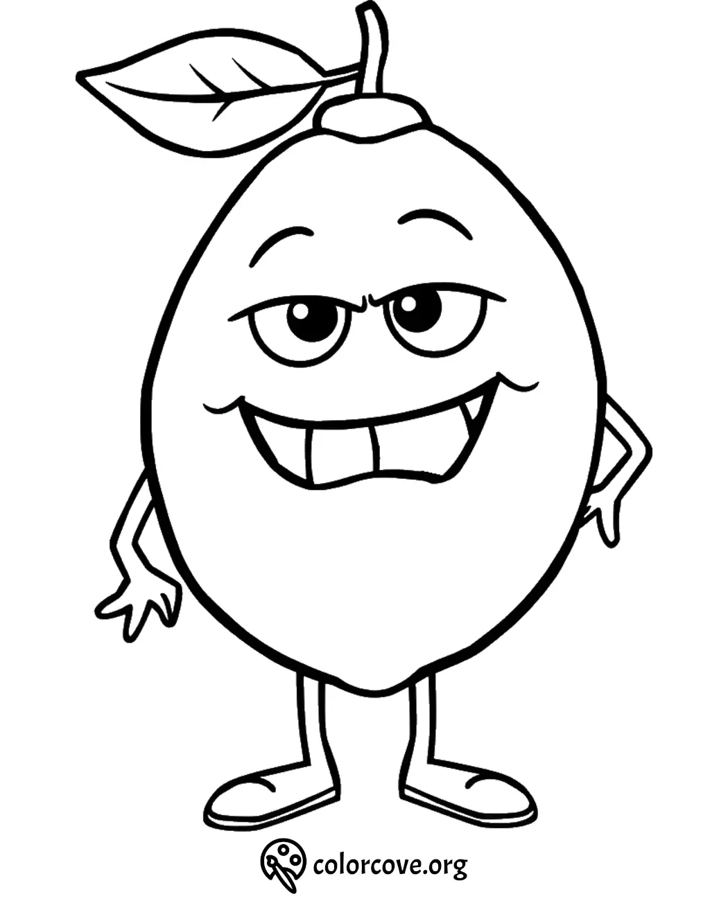 Cartoon lemon with a leaf smiling, hands on hips. Fun and friendly coloring page for kids.