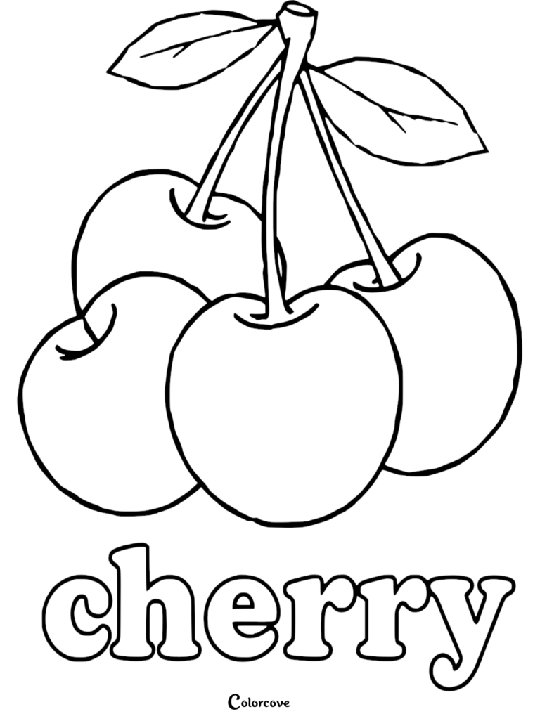 A simple cherry coloring page for kids featuring a cluster of fresh cherries on a stem with leaves and the word cherry in bubble letters.