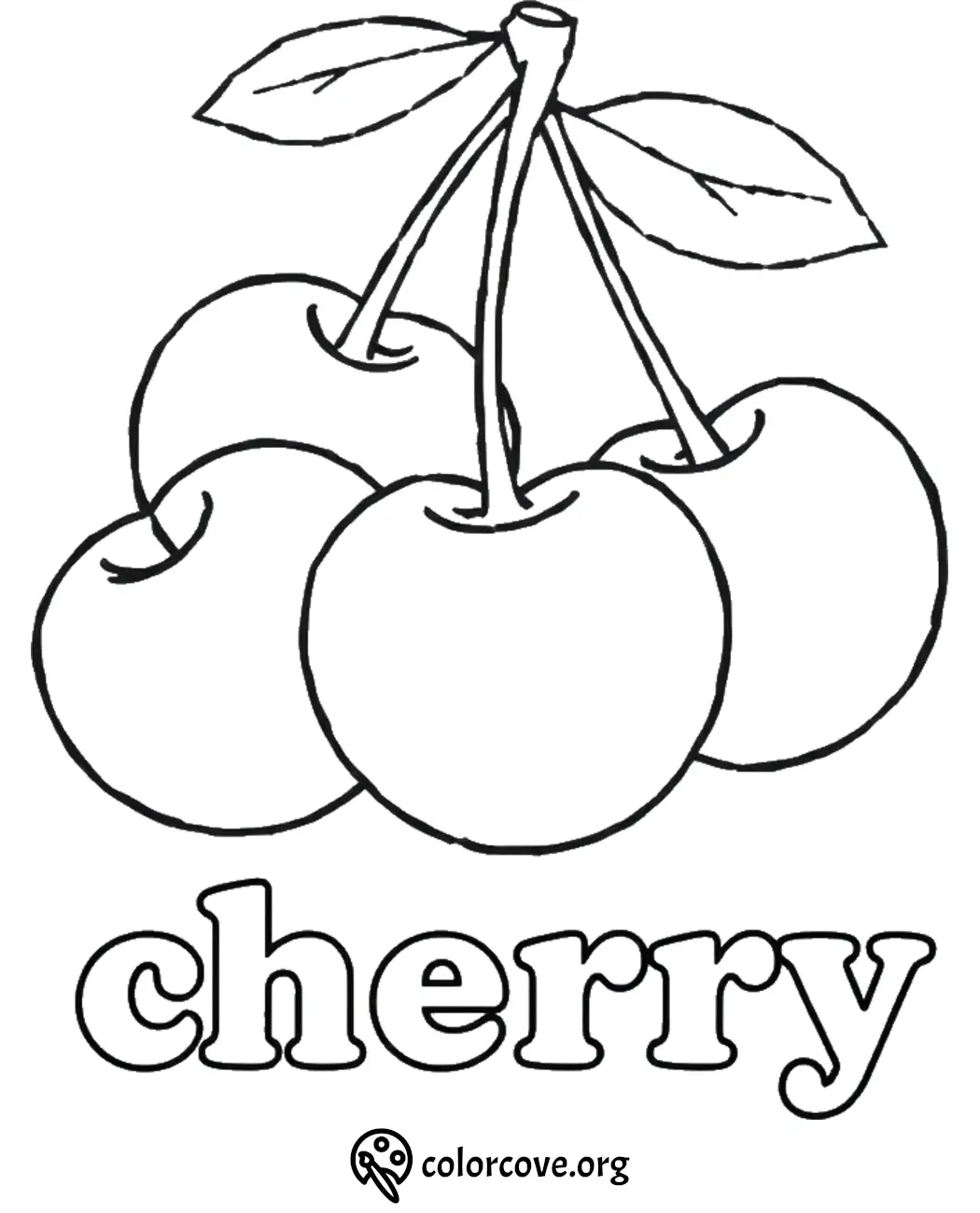 Coloring page of cherries with leaves and the word cherry below. Perfect for kids' fruit-themed coloring activities.