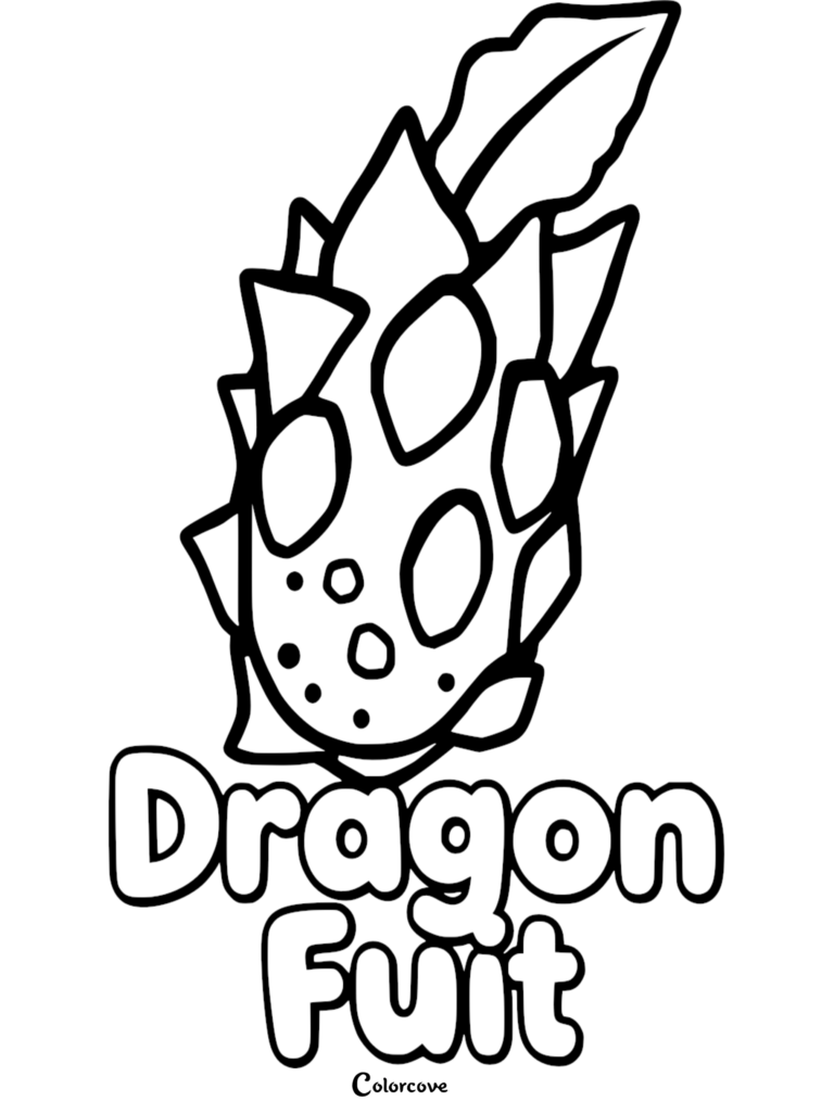 A printable dragon fruit coloring page for kids featuring a simple line drawing of an exotic pitaya fruit with bold outlines.