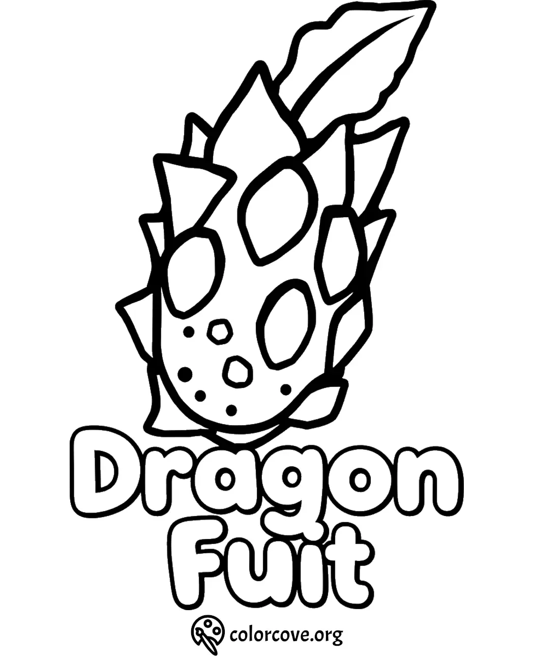 Coloring page of a dragon fruit with bold outline and text Dragon Fruit below for kids and fruit enthusiasts.