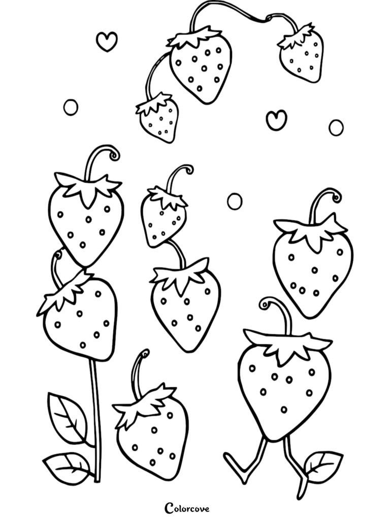 A group of cute cartoon strawberries with vines, hearts, and bubbles in a printable fruit coloring page for kids.