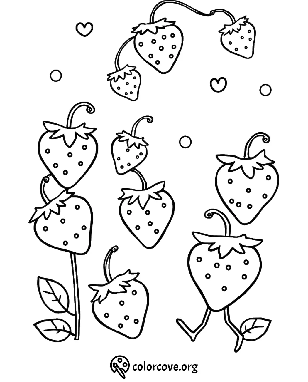 Strawberry coloring page with outlined strawberries, leaves, and hearts. Fun activity for kids and adults.