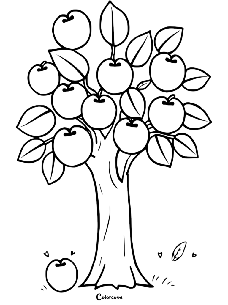 A simple apple tree coloring page for kids featuring a large tree with many round apples and a fallen apple on the ground.