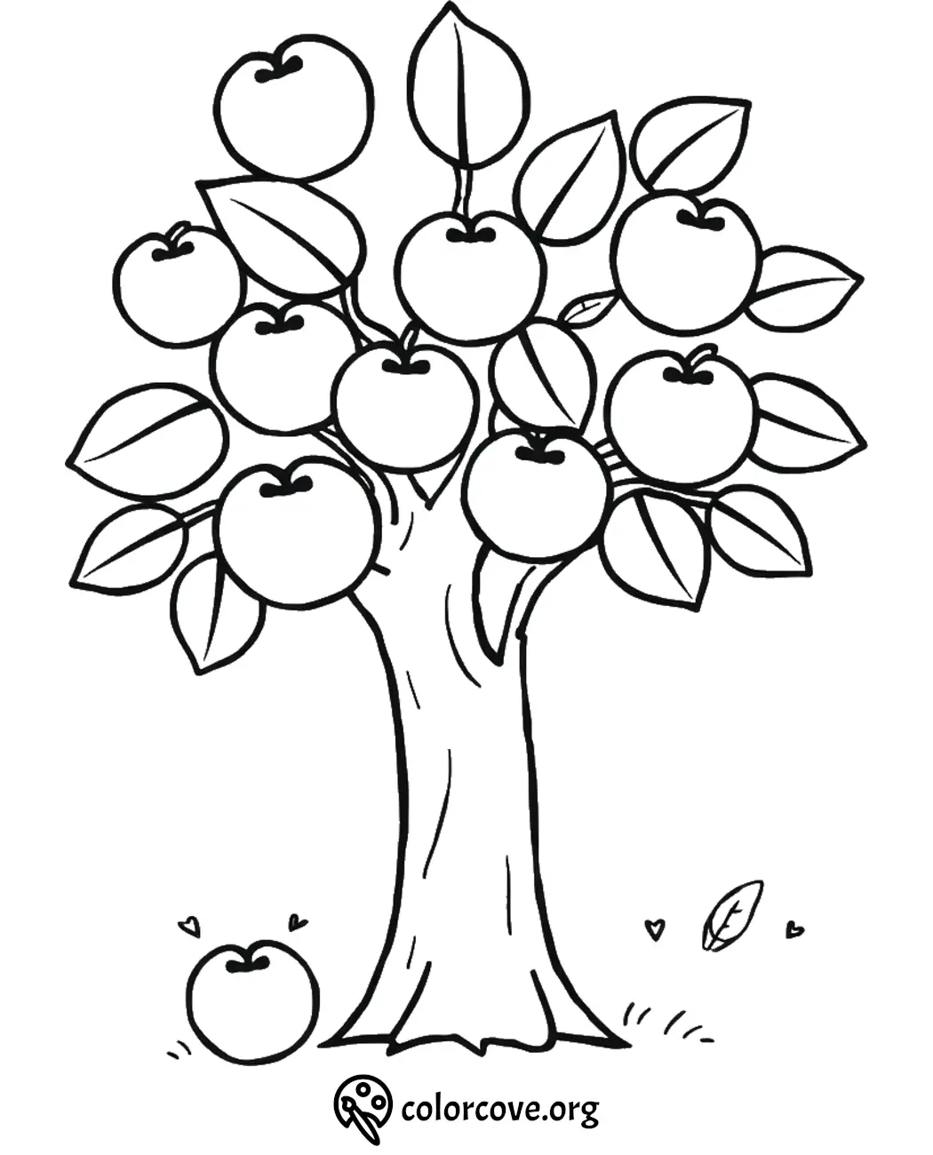 Apple tree coloring page with apples and leaves, perfect for kids' creative art projects and fun activities.